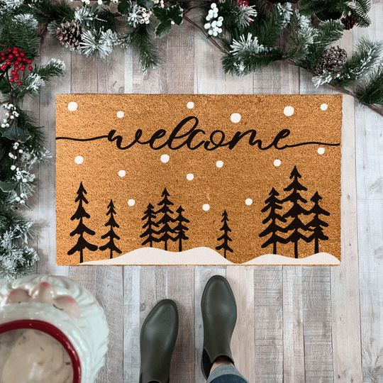 Discover Rustic Winter Doormat, Christmas Doormat Snowflakes, Christmas Decor for porch, Holiday Door Decor, Winter Doormat Trees, Door mat Outdoor