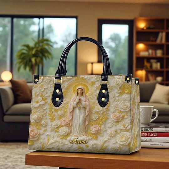Personalized Virgin Mary Leather Bag, Christian Religious Gift