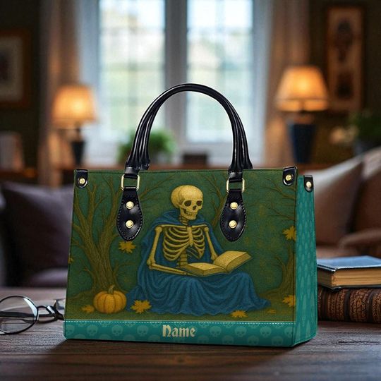 Discover Personalized Spooky Skeleton Leather Handbag, Women's Leather Bag Gift, Fall Horror Gift