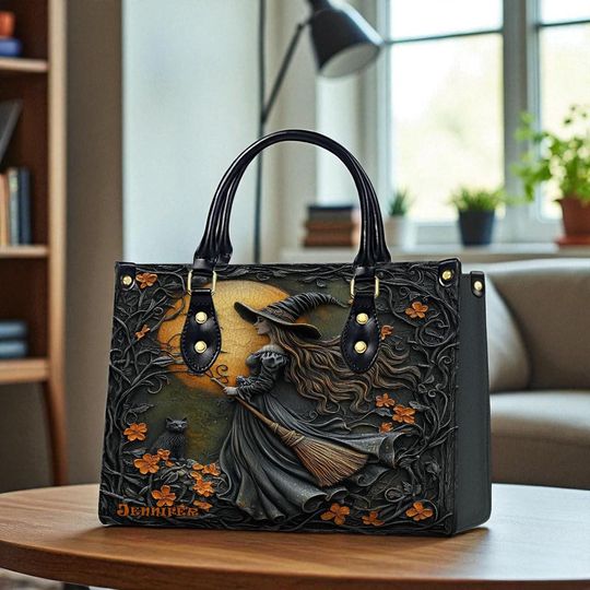 Discover Witch Cat Leather Handbag, Halloween Bag