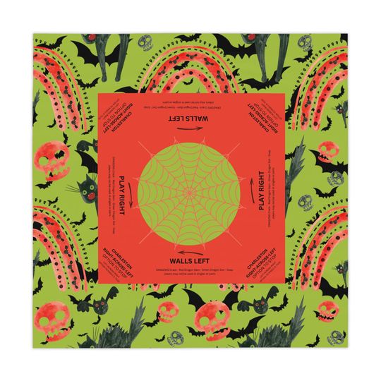 Discover Halloween MAHJONG Tablecloth Black Cat, Charleston Rules, Size 55 x 55, Hostess Gift, Bats, Skulls, Green Orange, Instructions for Beginners