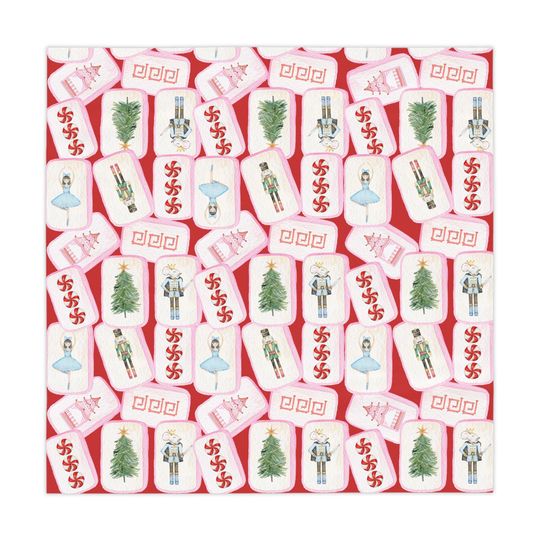 Discover Christmas MAHJONG Tiles Tablecloth, Size 55 x 55, Nutcracker Theme, Hostess Gift, Mahj Prize, Red Holiday Table Cover with Christmas Trees