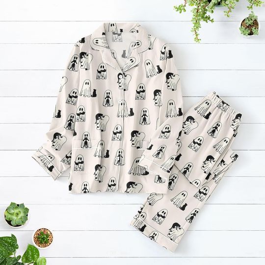 Discover Halloween Black Cat And Ghost Pajamas Set, Ghost Women Pajamas, Spooky Season Shirt, Cute Women Outfit, Halloween Shirt, Gift For Her