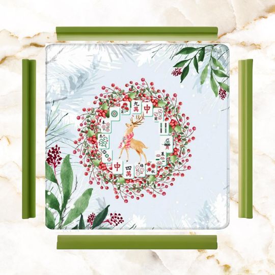 Discover Christmas Mahjong Mat: Reindeer Tile Wreath Design