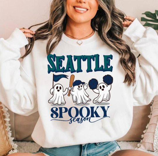 Discover Seattle Baseball Cute Spooky Season Ghost Funny Vintage Sweatshirt