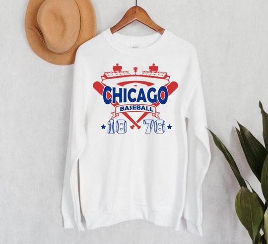 Discover Chicago Baseball Blue And Red Vintage Stadium With Est Number 1876 Sweatshirt, Chicago Baseball Team Retro Hoodie, Baseball Mom Sweatshirt
