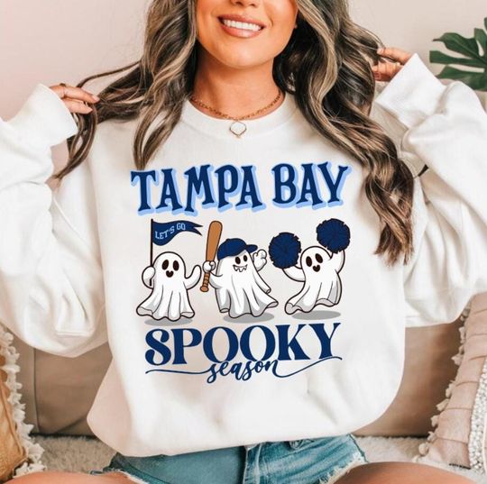 Discover Tampa Bay Baseball Cute Spooky Season Ghost Funny Vintage Sweatshirt, Lets Go Tampa Bay Baseball Team 90s Hoodie, Baseball Mom Shirt