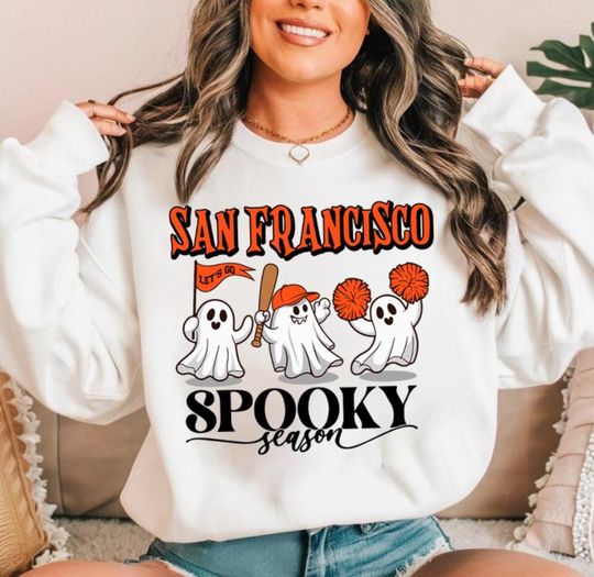 Discover San Francisco Baseball Cute Spooky Season Ghost Vintage Sweatshirt, Lets Go San Francisco Baseball Team Retro Hoodie, Baseball Mom Shirt