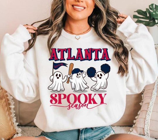 Discover Atlanta Baseball Spooky Season Cute Ghost Vintage Sweatshirt, Lets Go Atlanta Baseball Team Retro Hoodie, Baseball Mom Shirt, For Her