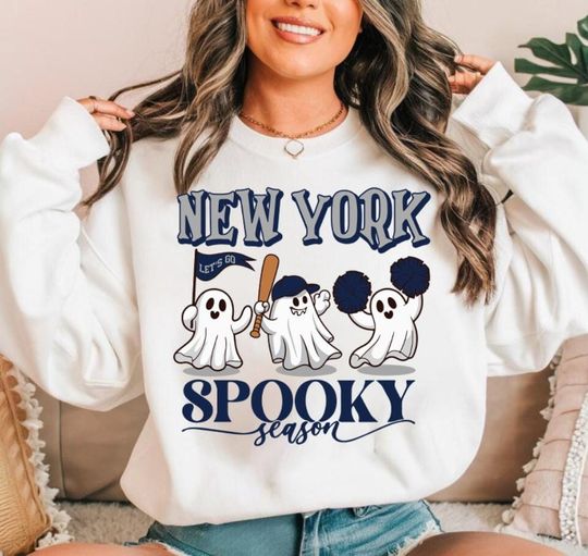 Discover New York Baseball Navy Team Spooky Season Cute Ghost Vintage Sweatshirt