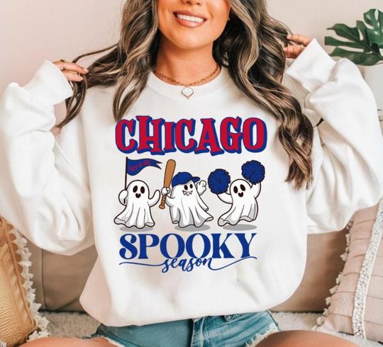 Discover Chicago Baseball Blue And Red Spooky Season Cute Ghost Vintage Sweatshirt
