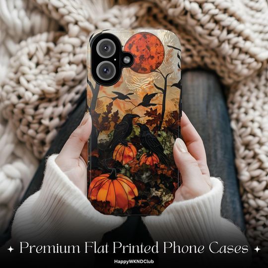 Discover Pumpkin Patch Black Ravens Tough Phone Case, Faux Stained Glass PRINTED Design, Fall Gothic Cover iPhone 17 16 15 Galaxy S25 S24 Pixel 10 9
