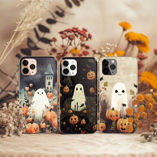 Discover Spooky Halloween Phone Case With Ghost and Pumpkins Cover for iPhone 17 16 15 14 13 12 XR Pro Max Plus, Samsung Galaxy S25 S24 Ultra