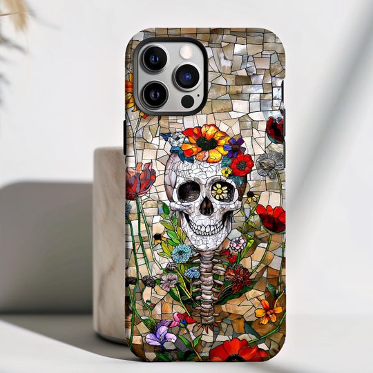 Discover Skull Flower Phone Case for iPhone 13 14 15 16, Plus Pro Max, Skeleton Cellphone Case, Impact Resistant, Scuff Protection, Magnetic Case