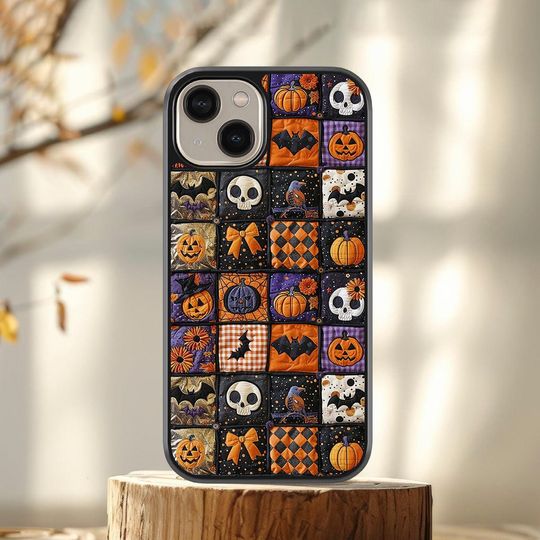 Discover Spooky Halloween patchwork iPhone case, Cute halloween cover, Pumpkin skull spooky cover, Halloween aesthetic case for iPhone 16 15 14 13 12