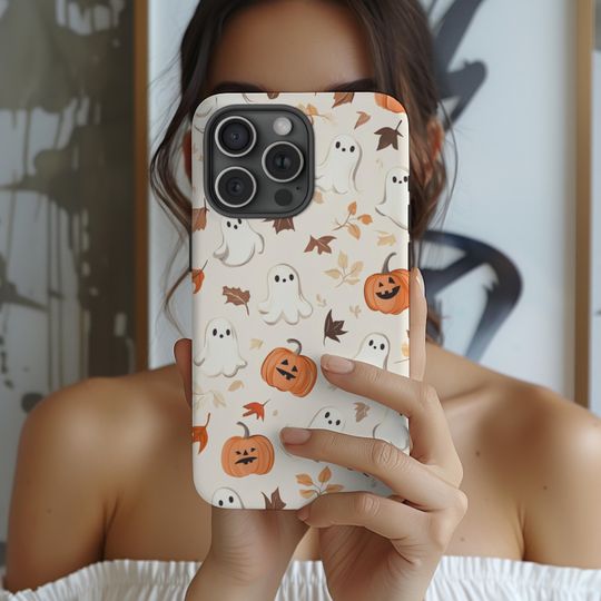Discover Cute Ghost Halloween Phone Case Fall Leaves Autumn Aesthetic Phone Case Pumpkin iPhone 15 14 13 pro Samsung Galaxy s24 s23 s22 Pixel 8 7 6