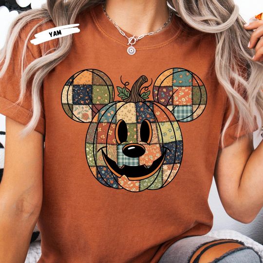 Discover Mickey Pumpkin Halloween Patchwork Shirt, Disney Fall Tee, Mickey Mouse Silhouette Shirt, Rustic Autumn Pumpkin Face Shirt