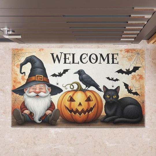 Discover Halloween Welcome Mat With Witch Gnome, Black Cat & Pumpkin, Spooky Fall Doormat, Halloween Home Decor