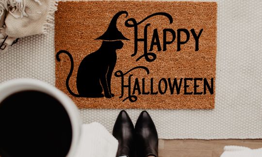 Discover Halloween Coir Doormat: Black Cat Witch Welcome Mat