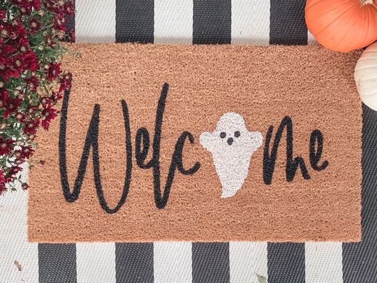 Discover Ghost Welcome Mat, Doormat, Door mat, pumpkin season, spooky decor, spooky fall entryway, Halloween doormat, new homeowner gift