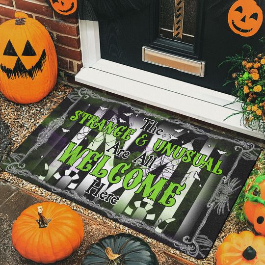 Discover Strange & Unusual Halloween Doormat | Gothic Welcome Mat for Porch Decor | Spooky Outdoor Rug for Fall | Beetlejuice Inspired Entryway Mat