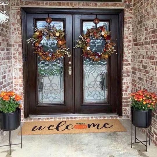 Discover Welcome Pumpkin Doormat  Personalized Flocked Coir Mat for Fall Decor  Halloween Thanksgiving Outdoor Rug
