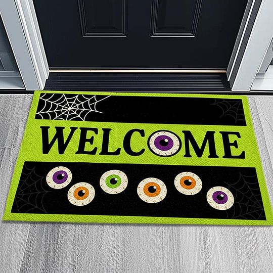 Discover Halloween Welcome Doormat, Spooky Eyeball Front Door Mat, Green Porch Rug, Creepy Spiderweb Entry Mat, Outdoor Halloween Decor