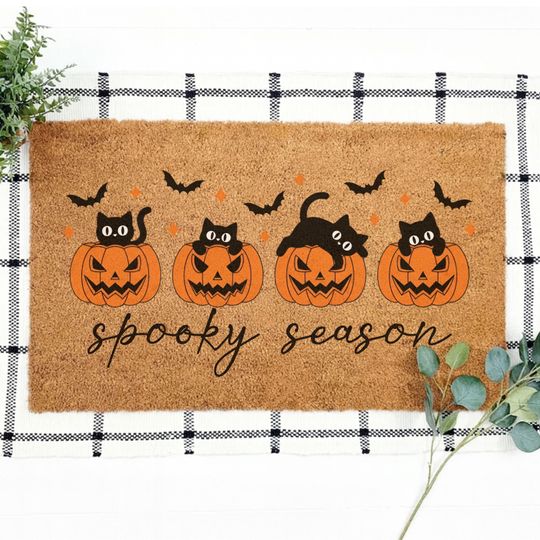 Discover Spooky Season Doormat, Halloween Pumpkin Cat Doormat, Cute Fall Doormat, Black Cat Halloween Porch Decor, Autumn Outdoor Mat