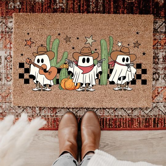 Howdy Fall Ghost Band Doormat, Western Fall Door Mat Rug, Cowboy Ghost Music Mat, Pumpkin Cactus Decor, Cute Autumn Halloween Entry Rug