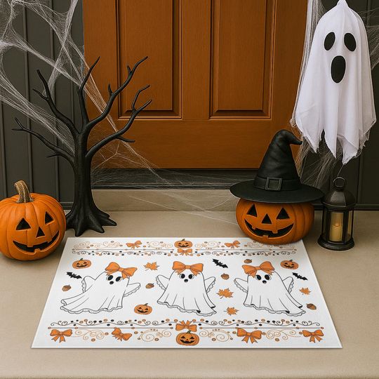 Cute Ghost Halloween Doormat, Girly Spooky Porch Mat, Fall Front Door Rug, Pumpkin Ghost Entryway Decor, Autumn Welcome Mat