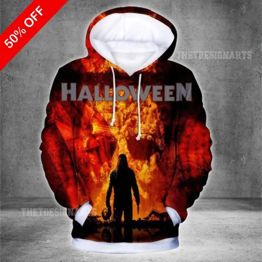 Discover Michael Myers 3D Hoodie, Fiery Halloween Horror Design,