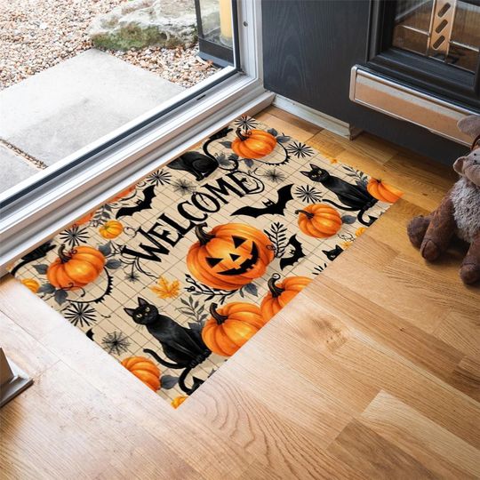 Discover Halloween Doormat, Cat Doormat, Fall Decor, Doormat Outdoor, Pumpkin Welcome Mat, Spooky Season, Cute Doormat, Fall Doormat, Coir Mat