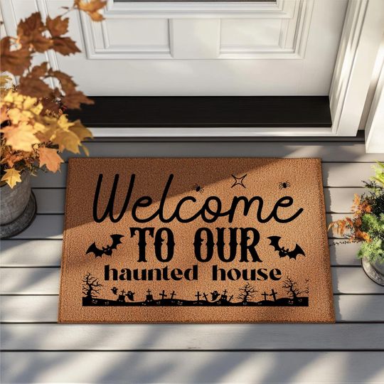 Discover Haunted House Doormat, Welcome To Our Haunted House Mat, Spooky Halloween Decor, Scary Front Door Rug, Fall Porch Ghost Doormat