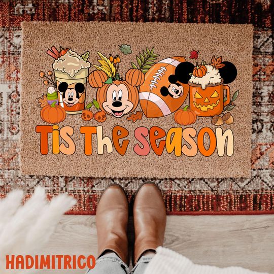 Tis The Season Doormat, Fall Pumpkin Mickey Mouse Welcome Mat, Autumn Coffee Football Door Mat, Cute Halloween Porch Decor