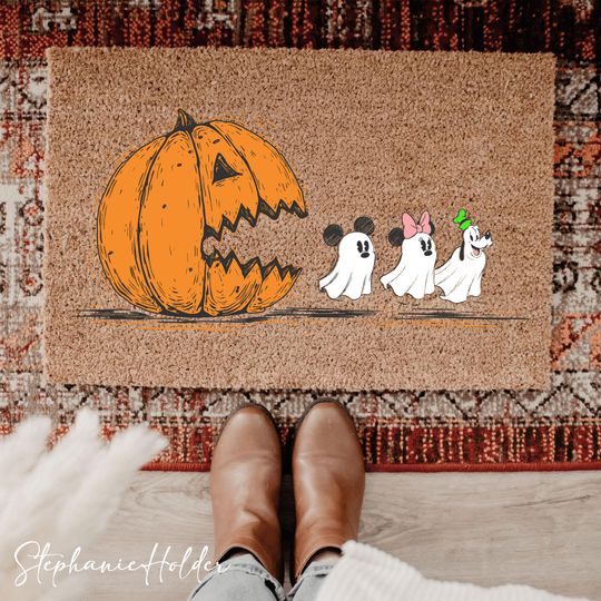 Discover Halloween Pumpkin Chasing Cartoon Ghost Doormat, Halloween Welcome Doormat, Fall Autumn Doormat, Mouse and Friends Door Mat, Halloween Mouse