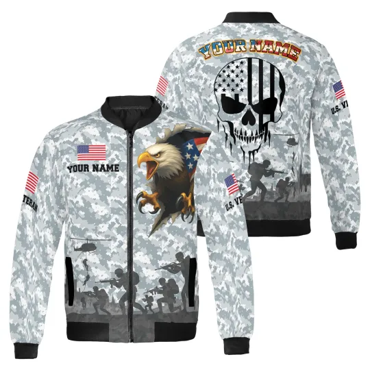 Discover Personalized Patriotic Veteran Skull And Eagle USA Flag Bomber Jacket
