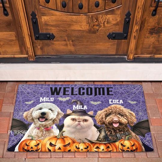 Discover Custom Halloween Doormat, Personalized Welcome Halloween Spider Dogs Cats Doormat, Floormat, Kitchen Mat, Home Decor, Pet Lovers' Gift