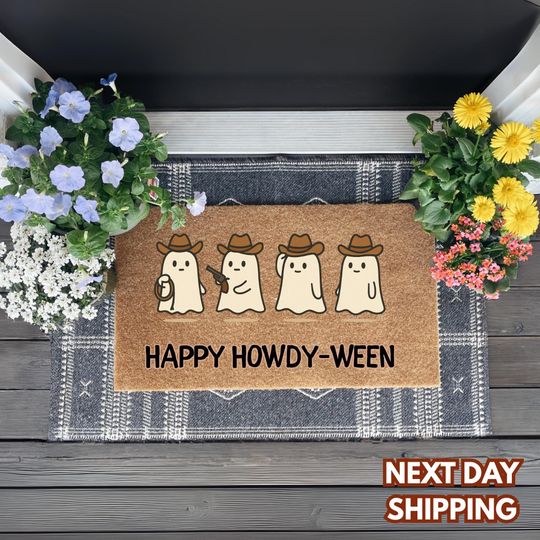 Happy Howdy-ween Doormat  Cowboy Ghost Front Door Mat  Rustic Western Fall Decor  Funny Spooky Welcome Rug  Custom Witchy Halloween Gift