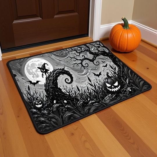 Discover Spooky Halloween Doormat, Black and White Jack O Lantern and Witch Decor, Trick or Treat Entrance