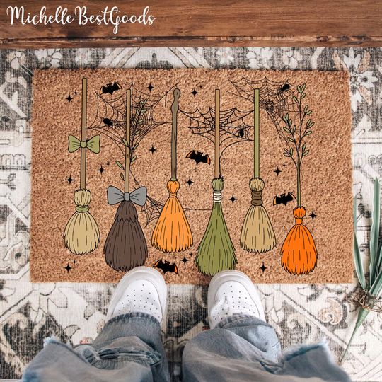 Discover Halloween Witch Broom Doormat, Cute Witches Broomsticks with Cobwebs Bats Front Porch Decor, Funny Fall Welcome Mat for Home Entryway
