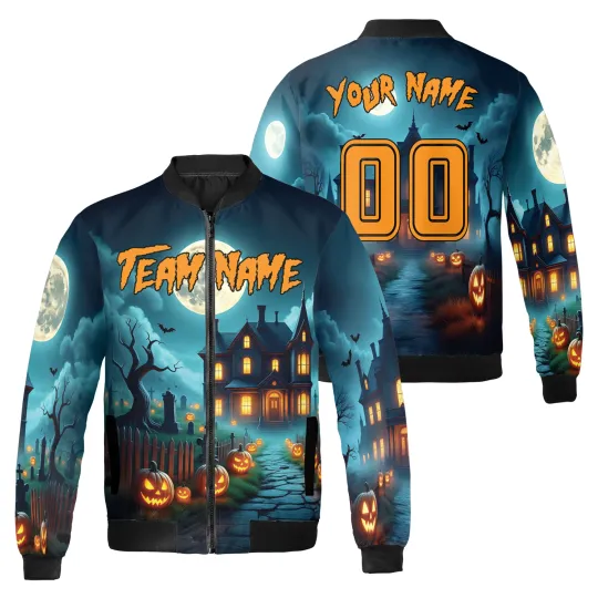 Discover Personalized Spooky Haunted House Happy Halloween Bomber Jacket
