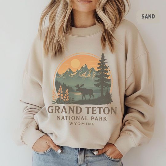 Discover Retro Grand Teton National Park Sweatshirt, Vintage Nature Lover Gift, Mountain Hiking Crewneck Jumper, Outdoor Adventure Apparel