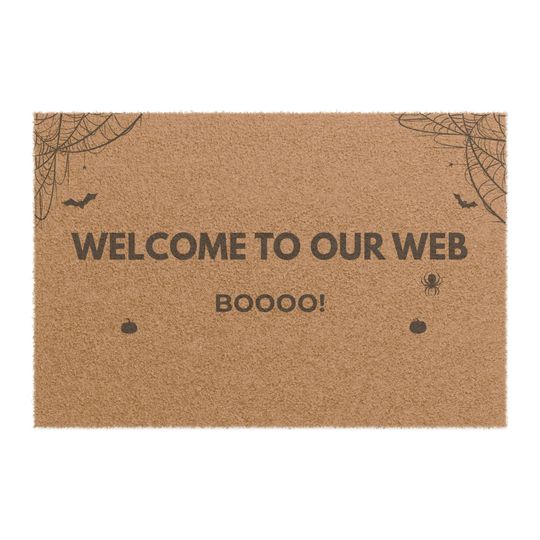Discover Welcome To Our Web Halloween Doormat: Spider, Pumpkin, Bat Coir Rug