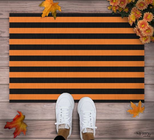 Discover Halloween Doormat: Black and Orange Striped Fall Decor