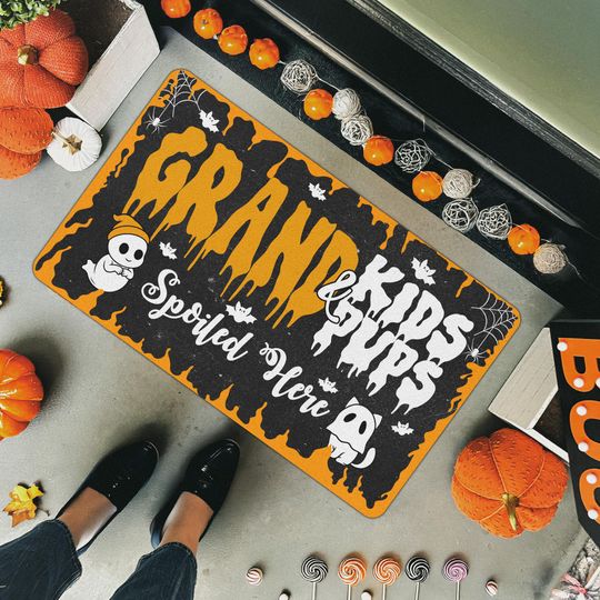 Discover Grandkids and Grandpups Spoiled Here Doormat  Halloween Welcome Mat for Grandma, Grandpa  Cute Spooky Porch Decor
