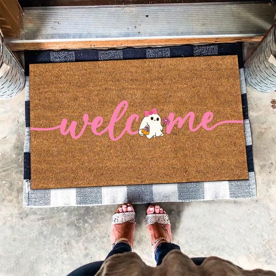 Discover Welcome Pink Boo Doormat, Coquette Boo Welcome Doormat, Coquette Spooky Season Doormat, Coquette Halloween Decor