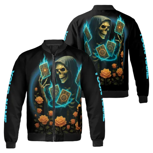 Discover Personalized Gothic Grim Reaper Tarot Cards Horror Halloween Bomber Jacket