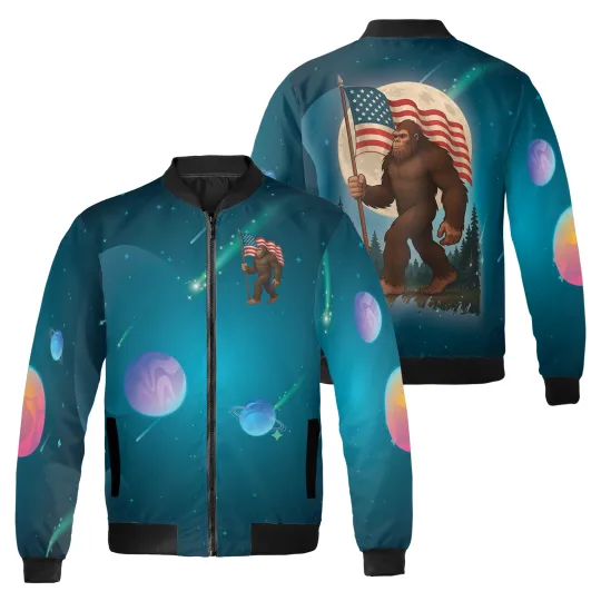 Discover Bigfoot Squatch American Flag Patriotic Veterans Day Gift Bomber Jacket