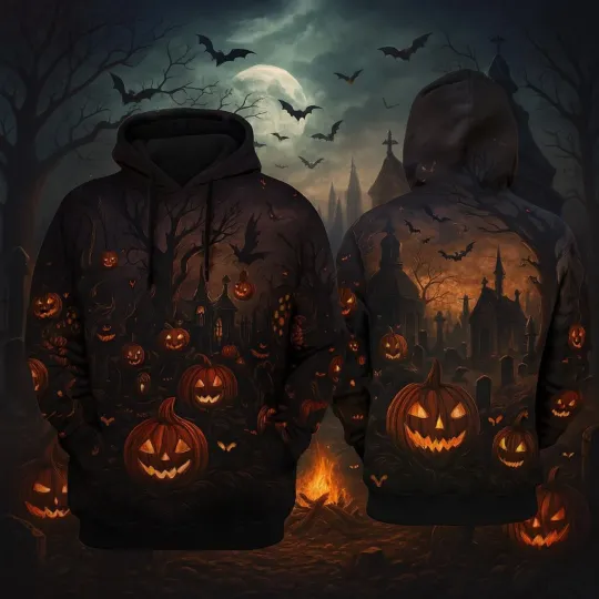 Haunted Pumpkin Cemetery Hoodie – All-Over Jack-O’Lantern &amp