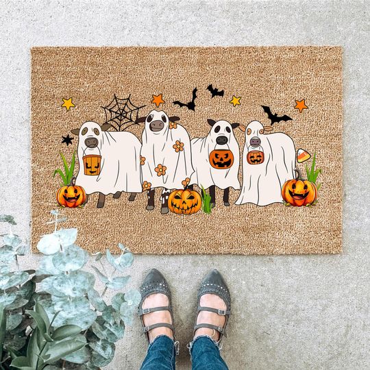 Funny Halloween Cow Doormat, Bullsheet Ghost Cow Mat, Spooky Fall Welcome Mat, Farm Animal Halloween Decor, Trick Or Treat Door Rug
